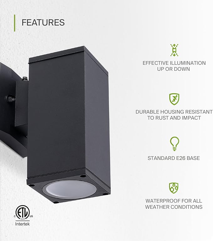 ASD 1 Light Square Dusk to Dawn Outdoor Wall Light Fixture | 60W E26 Socket 120V ETL Cylinder Up Down Lights | LED/CFL/Incandescent Bulb Exterior Wall Sconce | Front Door, Porch, Patio | Black, 6 Pack