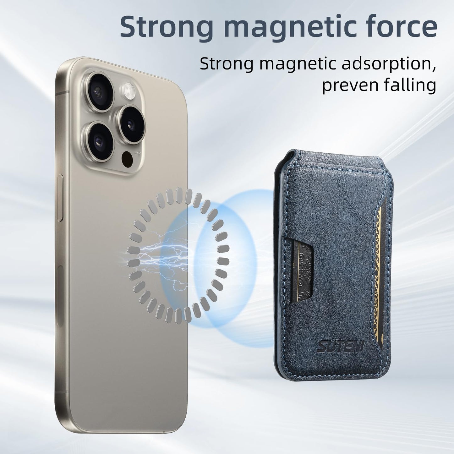 HXY Magnetic Card Holder Wallet for iPhone, Compatible with MagSafe, PU Leather Minimalist Slim Card Holders Fit 3 Cards with Adjustable Stand for iPhone 16/15/14/13/12 Series, Not for Mini (Blue)