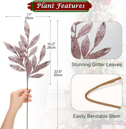 DILATATA 6Pcs Christmas Glitter Leaves Bay Leaves Spray 24" Artificial Rose Gold Bay Leaf Picks Sprays Giltter Stems for Christmas Tree DIY Xmas Wreath Garland Home Decor - Rose Gold