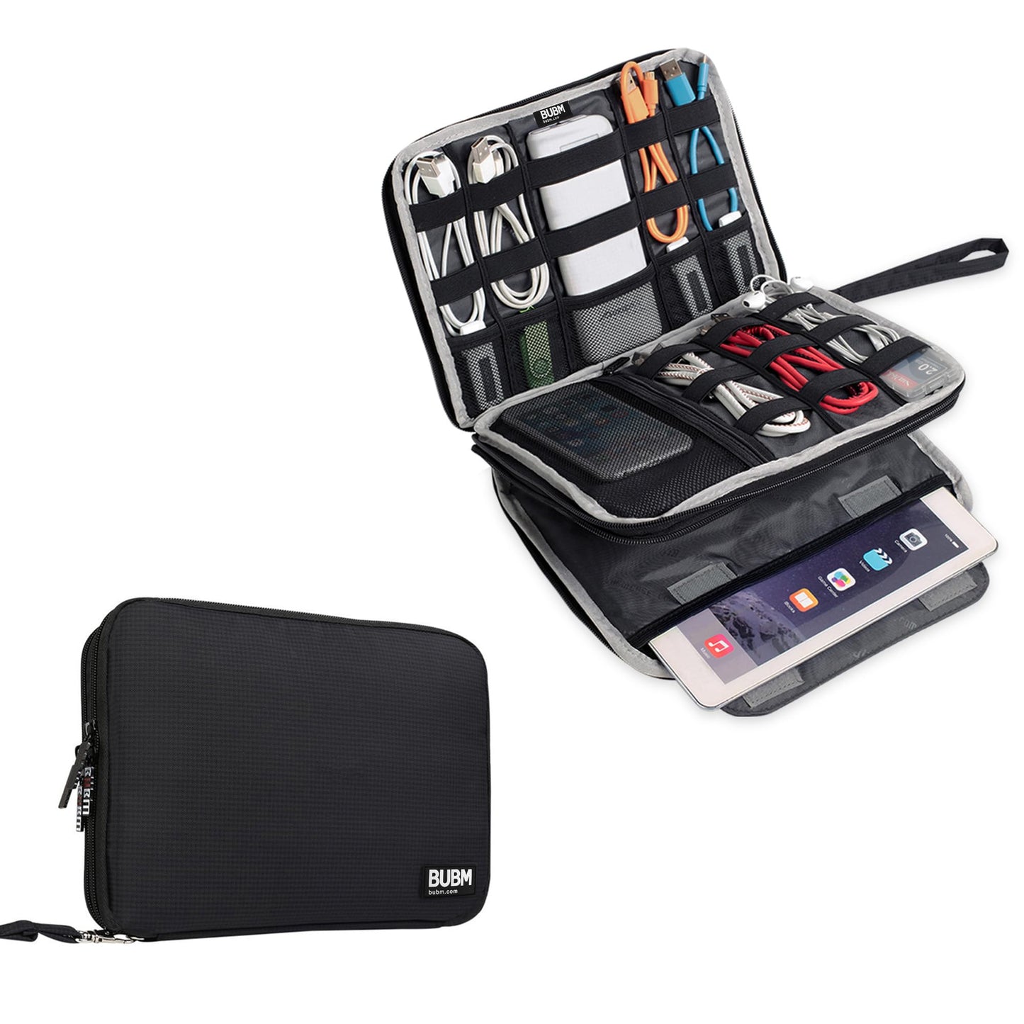BUBM Double Layer Electronics Organizer/Travel Gadget Bag For Cables,Memory Cards,Flash Hard Drive and More,Fit For iPad Or Tablet(Up To 9.7")--Large, Black