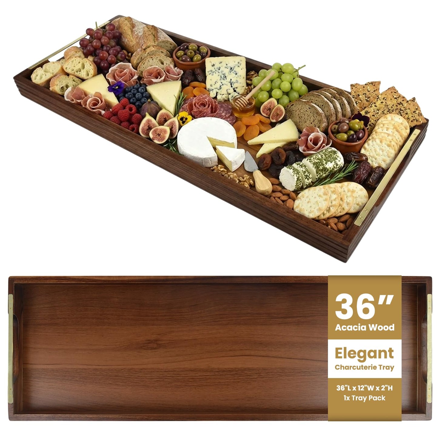 36" Acacia Wooden Charcuterie Board with Handles, Extra Long Cheese & Serving Tray for Party Appetizers, Bread, Meat & Fruit Display, Natural Wood Kitchen Platter for Entertaining