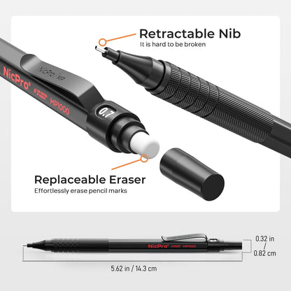 Nicpro Black Art Mechanical Pencil Set, 5PCS Metal Drafting Pencils 0.3, 0.5, 0.7, 0.9 mm & 2mm Graphite Lead Holder For Sketching Drawing With 9 Tubes (4B 2B HB 2H Colors) Lead Refills Erasers Case