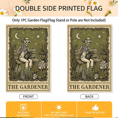 SRWNFOS The Gardener Garden Flags for Outside, Gothic Garden Flag for Plant Lover, Spooky Yard Banner for Gardener, Funny Skeleton Planting Lawn Yard Sign Decor, Halloween Gifts for Family Friends
