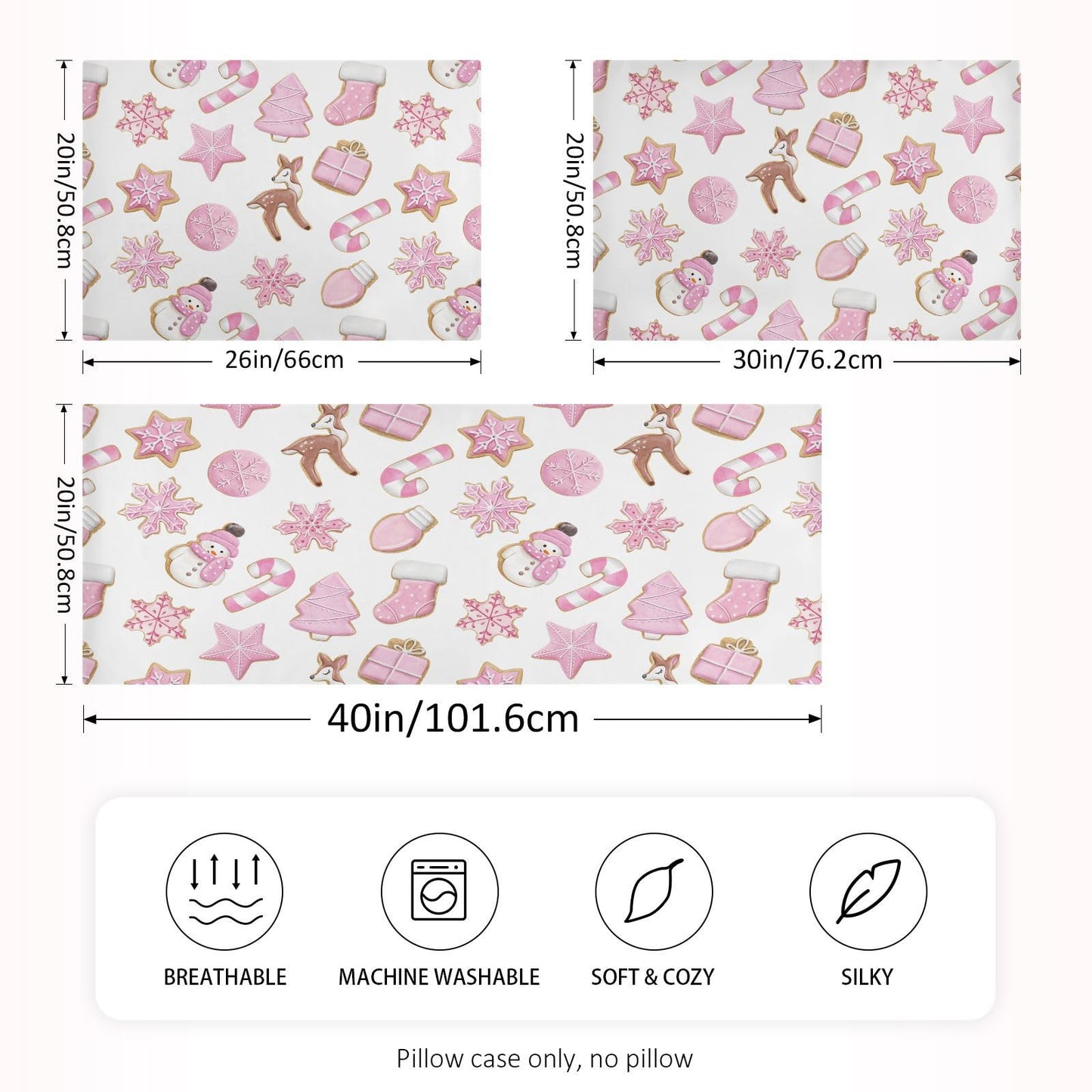 Dalzium Christmas Satin Pillowcase for Hair and Skin, Pink Gingerbread Cookies Silk Pillow Case Soft and Cozy Body Pillow Covers Standard Size with Envelope Closure