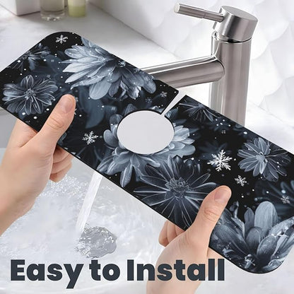 Faucet Draining Mat For Kitchen Sink, Stylized Gray Chrysanthemum Flowers