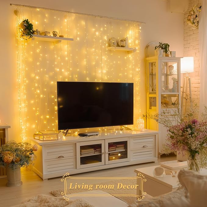 JMEXSUSS 200 LED Curtain Lights Battery Operated & USB Plug in, 8 Modes Warm White Christmas Curtain String Lights for Backdrop Bedroom Classroom Wedding Party Decorations