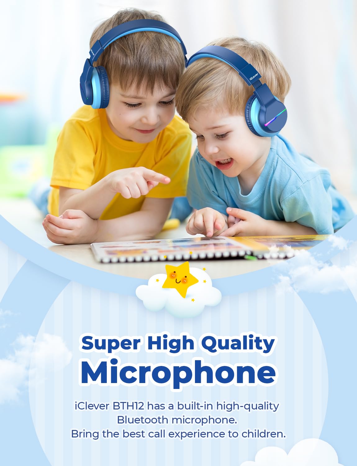 iClever BTH12 Kids Bluetooth Headphones,Colorful LED Lights Kids Headphones Wireless,74/85dBA Safe Volume,85H Playtime,Fast Charging,Bluetooth 5.2,Over Ear,Built-in Mic for iPad/Tablet/Airplane,Blue