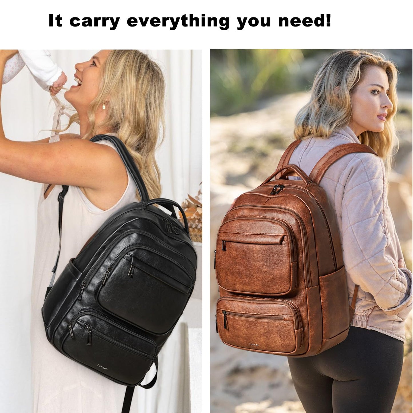 LATMAP 43L Backpack For Women Men Vegan Leather Backpack Purse Shoulder Bookbag 17 16 15.6 Inch Laptop Bag Handbags For Travel Work College Large Brown