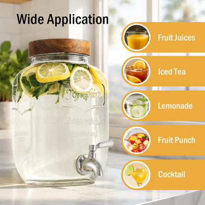 mustry Glass Drink Dispenser for Parties, 1 Gallon Beverage Dispenser with Stand and Spigot Solid Stainless Steel, Used as Lemonade Dispenser Sun Tea Jar Kombucha Jar, Set of 2