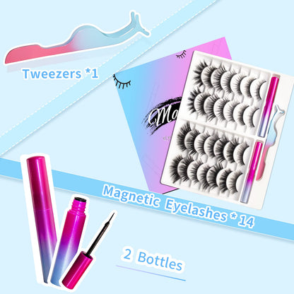 Magnetic Eyelashes Kit, Long Lasting and Reusable Magnetic lashes Natural Look, 14 Pairs False Eyelashes with Magnetic Eyeliner & Tweezers, Easy to Wear, No Glue Needed (14 Pairs)