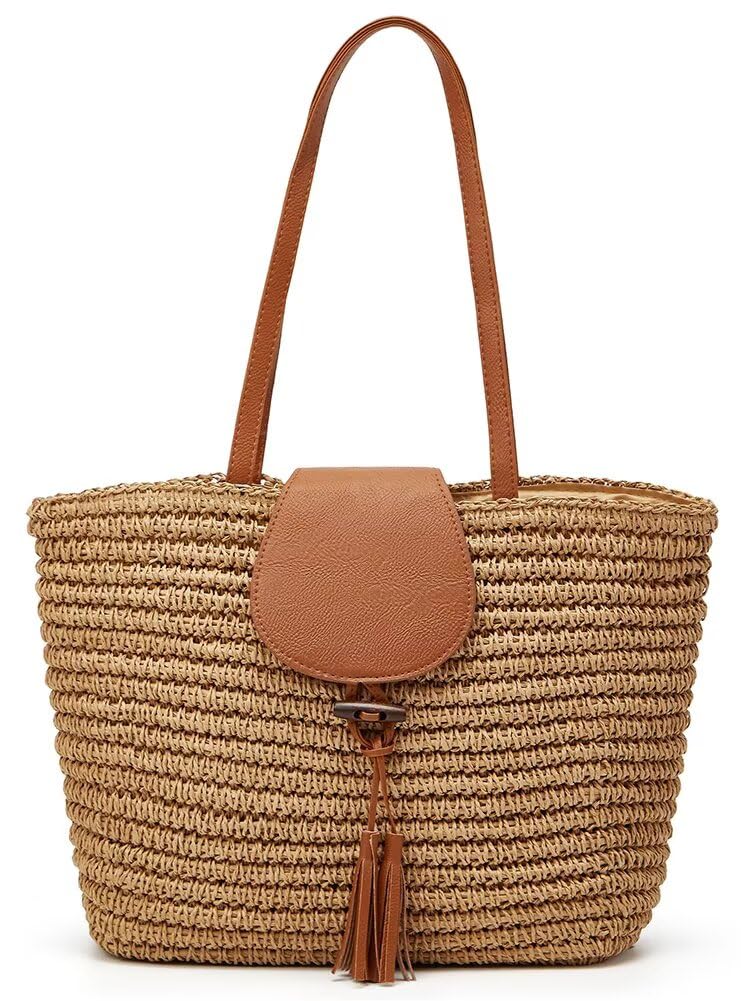Summer Hand-woven Straw Shoulder Bags for Women Large Woven Beach Tote Purse Vacation Top Handle Handbags with Tassel