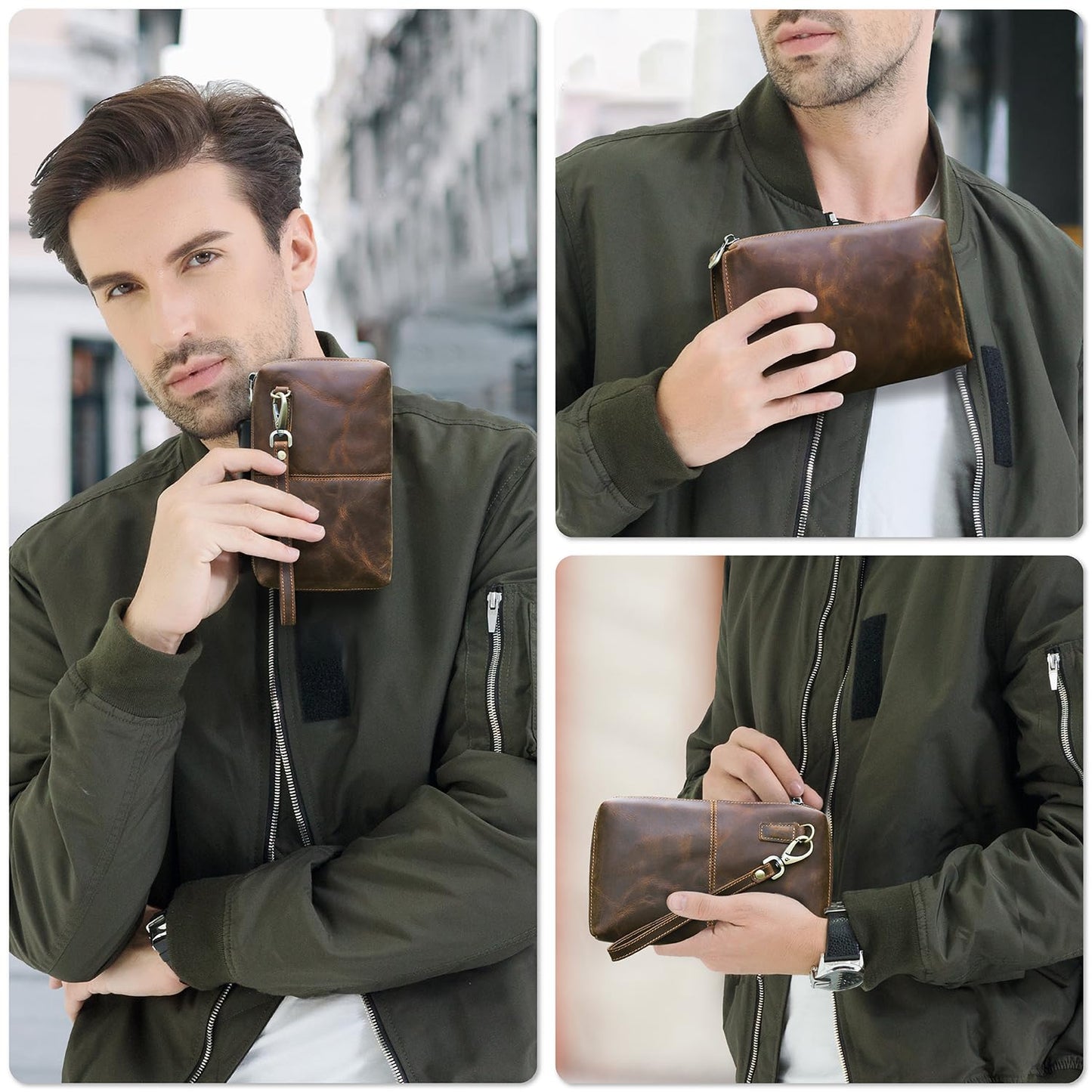 Top Grain Genuine Leather Clutch Wallet with Wristlet for Man & Woman, Handmade Simple Retro Vintage Design, Multi Pockets & Card Slots, RFID Large Capacity for Cards/ID/Checks/Banknote/Phone, Coffee