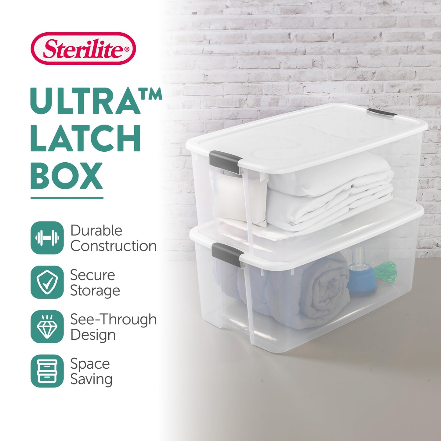 Sterilite 4-Pack Ultra Latching Box, Storage Bins with Lids, Clear Plastic, 116 Quart - Heavy-Duty Organizing Containers for Closet, Bathroom, and Office