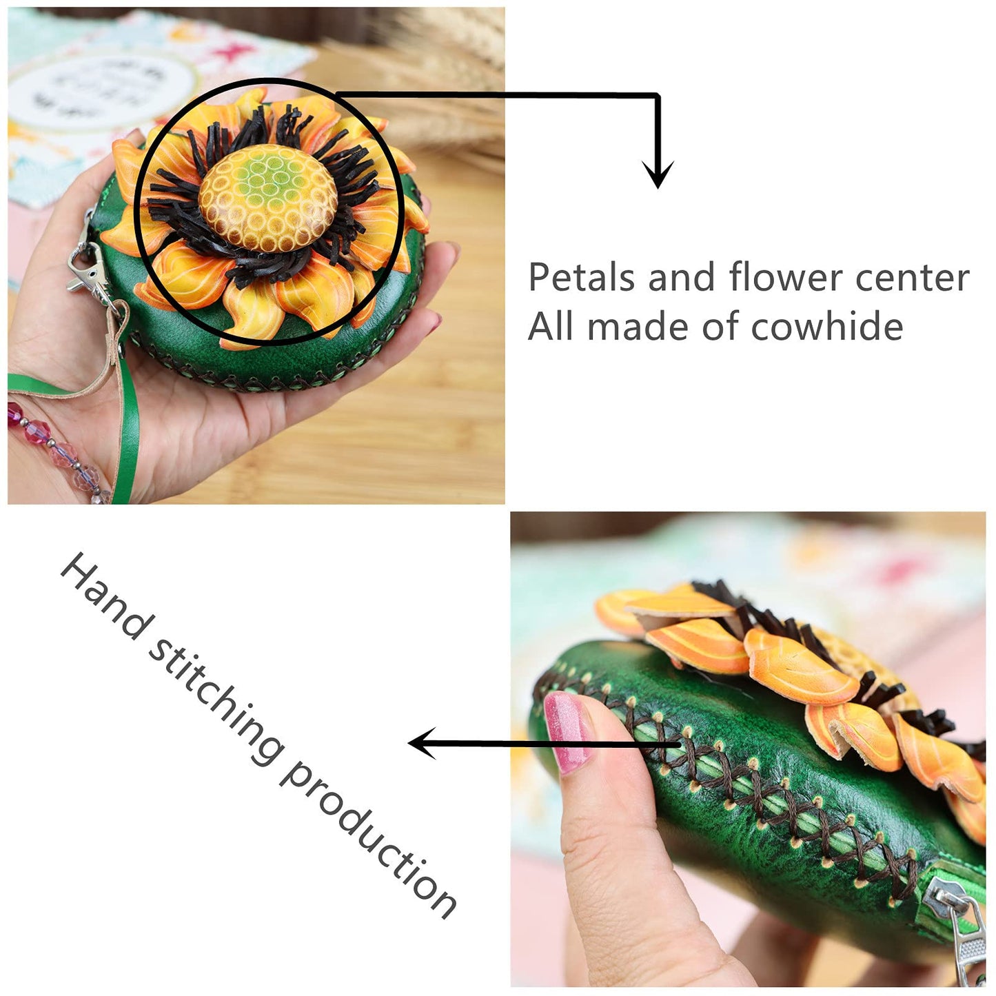 Fanyixuan Handmade Vegetable Tanned Cowhide Sunflower Coin Purse Key Coin Card Lipstick Headphone Storage Clutch Mini Flower Round Bag