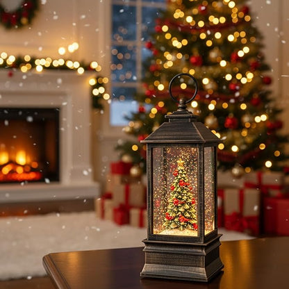 Christmas Snow Globe Lantern Water Glittering Christmas Tree with Music, USB Lined/Battery Operated Lighted Lantern for Christmas Festival Decoration Gifts