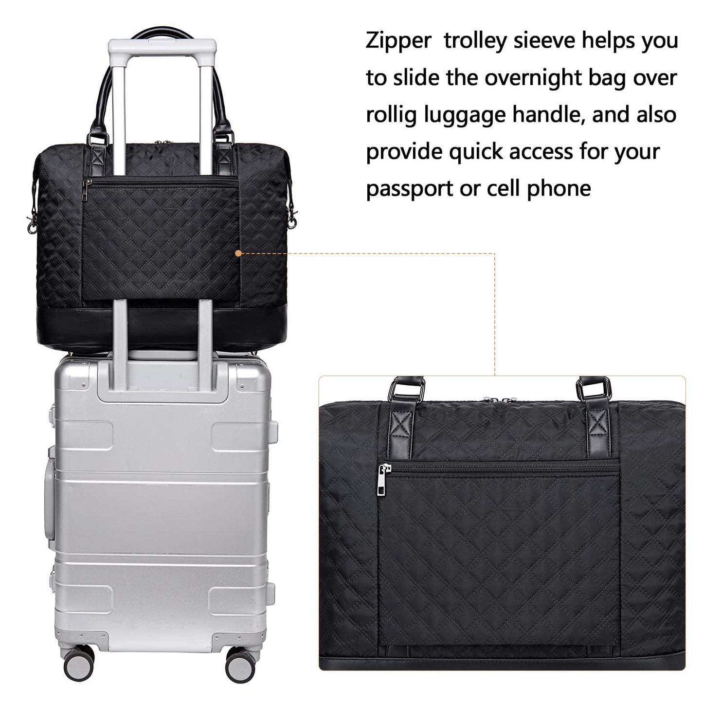 Women Ladies Weekender Carry-on Tote Bag Overnight Duffel in Trolley Handle (Quilted black)