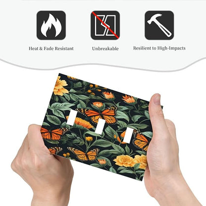 Butterflies Flower Garden Light Switch Covers 3 Gang Triple Toggle Wall Plate Decorative Switchplate Electrical Faceplate for Farmhouse Living Decor