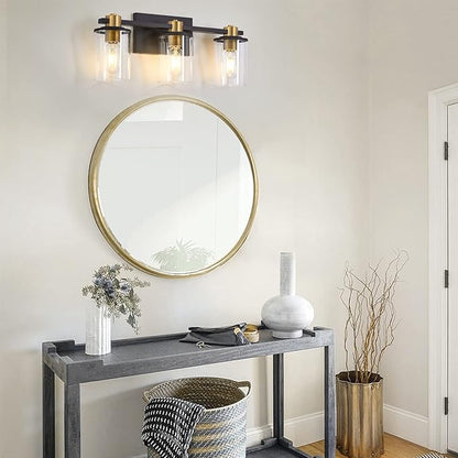 stambord 3 Light Bathroom Vanity Light, Black and Gold Light Fixtures, Sconces Wall Lighting with Glass Shade, Modern Brushed Vanity Lights for Bedroom, Hallway