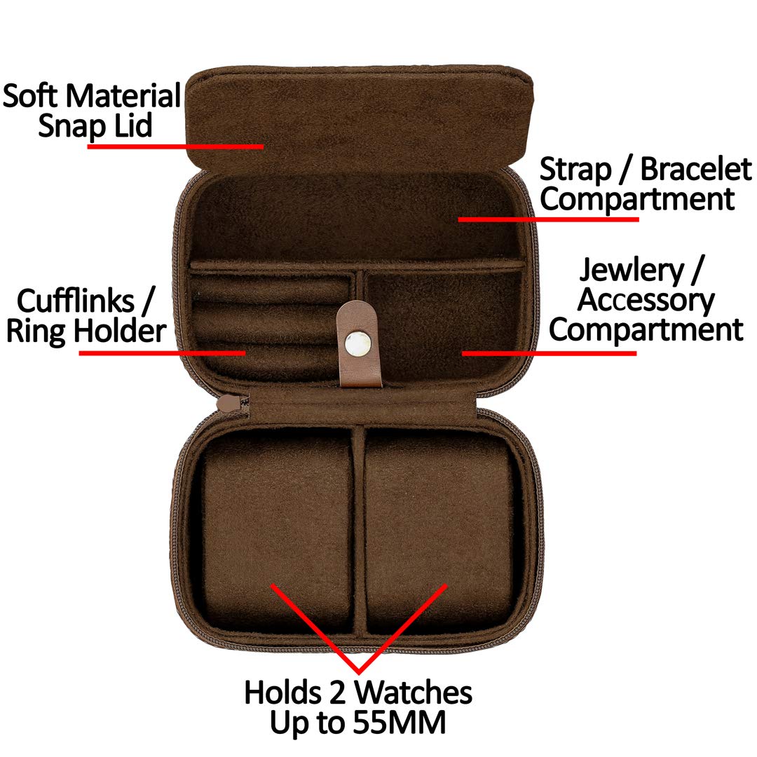 ROTHWELL 2 Watch Travel Case Storage Organizer for 2 Watches | Tough Portable Protection w/Zipper Fits All Wristwatches & Smart Watches Up to 50mm