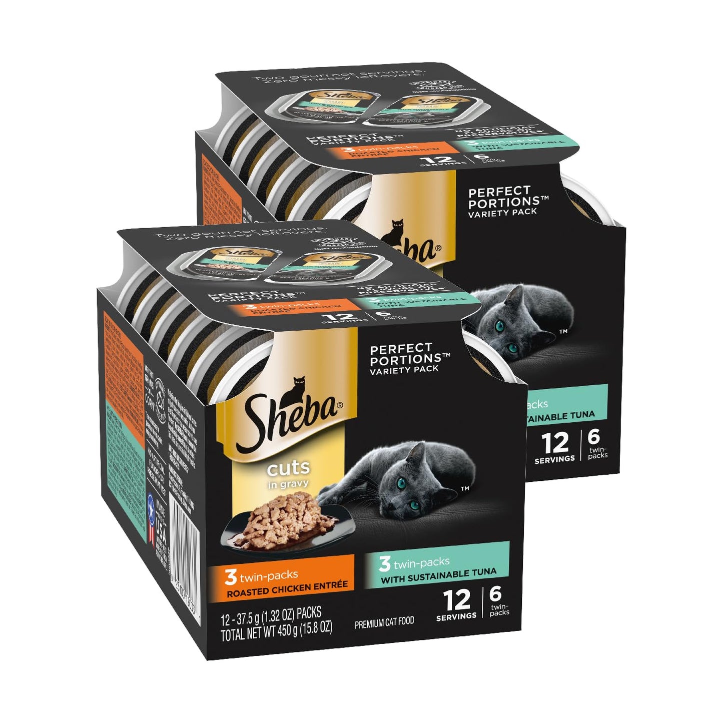 Sheba Perfect Portions Wet Cat Food Cuts in Gravy Variety Pack, with Sustainable Tuna and Roasted Chicken Entree, 2.6 oz. Twin-Pack Trays (6 Count, 12 Servings) (Pack of 2)