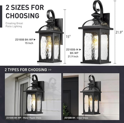 zeyu Large Outdoor Wall Fixture Lights, 22 Inch Exterior Porch Wall Lantern for Patio Porch, Die-Cast Aluminum with Water Ripple Glass, Black Finish, ZD100B-M BK-WP