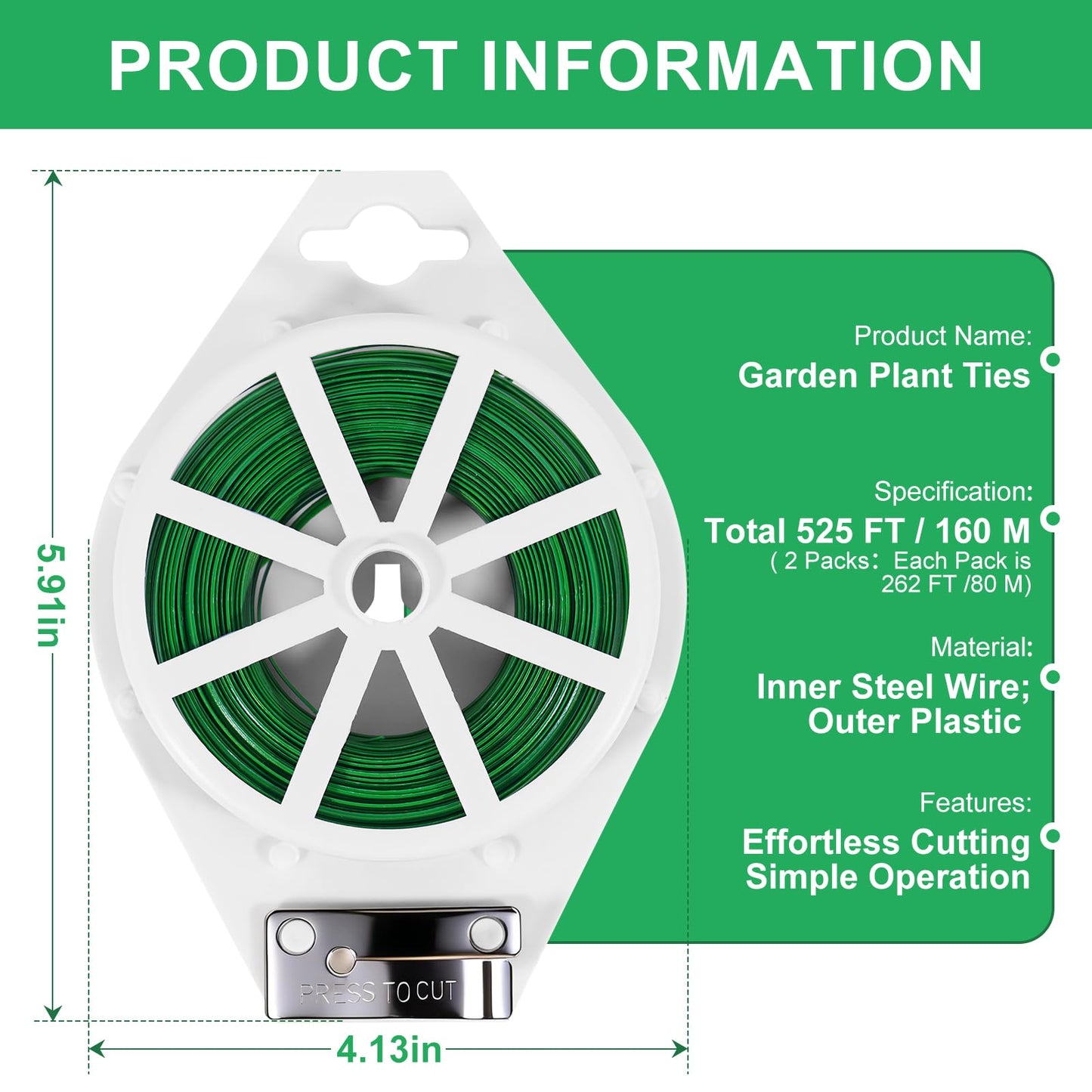 LBOKLING 2 Pack Twist Ties, 525 Feet (160m) Sturdy Garden Plant Ties with Cutter, Rustproof & Flexible Garden Ties for Plant of Gardening, Indoor & Outdoor Home and Office Use (Green)