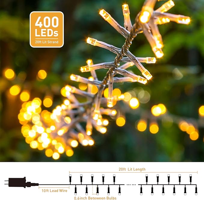 JMEXSUSS Warm White Christmas Lights Indoor, 20ft 400 LED Cluster Lights Christmas Outdoor with Remote, 8 Modes Plug in Christmas Tree Lights for Christmas Tree Wreath
