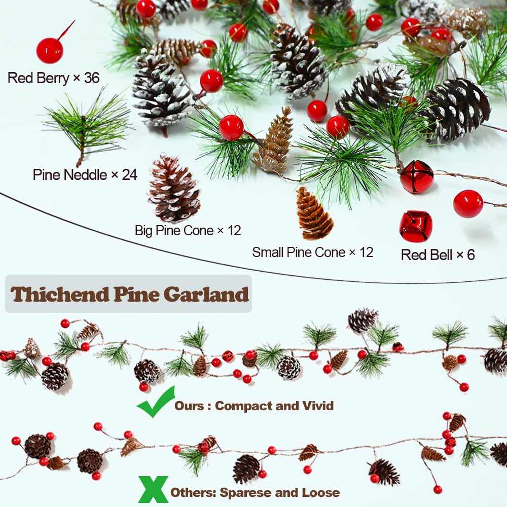 PALONMY Pine Garland with Lights Christmas Garlands 6.56FT 20LED Battery Operated Garland with Red Berry and Holiday Pinecones Prelit Lights for Home Windows Fireplace Stairs