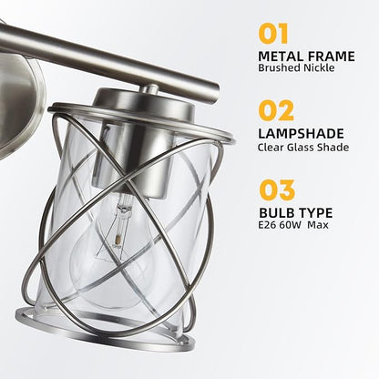 Mavcadonf Modern Vanity Lights - 2 Lights Over Mirror, Brushed Nickel with Cage Shade, Bathroom & Bedroom Wall Lamp