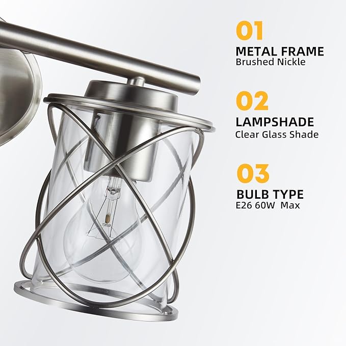 mavcadonf 3-Lights Bathroom Vanity Lights, Bathroom Light Fixtures Over Mirror, Brushed Nickel Vanity Light, Farmhouse Wall Lights with Clear Glass Shade, Bathroom Wall Lamp for Mirror Kitchen Bedroom
