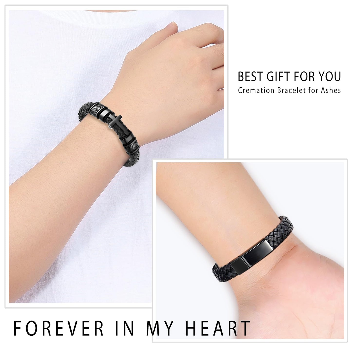 Minicremation Cross Cremation Jewelry Urn Bracelet for Ashes Genuine Leather for Women Men Keepsake Memorial Cuff Bangle Braided Wristband Bracelet for Men (Black-A, 20cm/7.87")