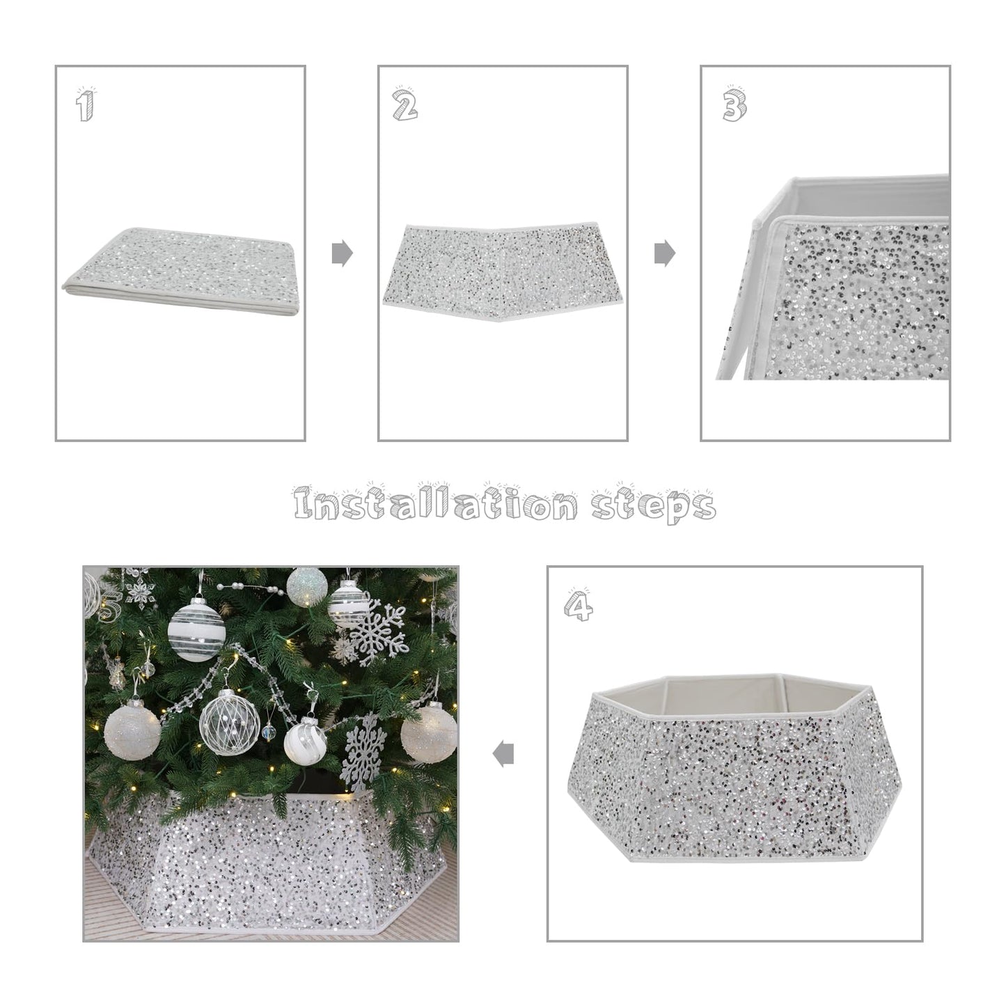 White Christmas Tree Collar with Sparkling Sequins,Christmas Tree Collars for Atificial Trees, 33.5 Inch Christmas Tree Skirt, Xmas Tree Stand Base Cover,Holiday Home Decor Tree Ring(Large)