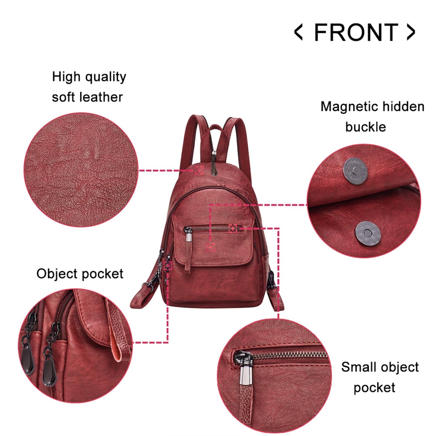Small Backpack Purse for Women Fashion PU Leather Backpack Convertible Ladies Sling Bag Red Wine