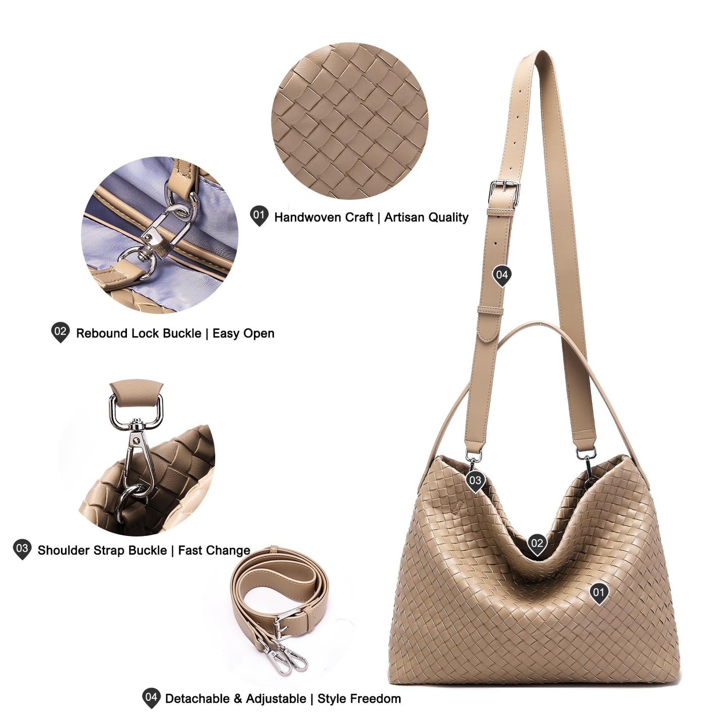 Woven Tote Womens Shoulder Handbags: Vegan Leather Crossbody Bag - Elegant Satchel Purse for Travel - Daily Bucket Bags (Khaki)