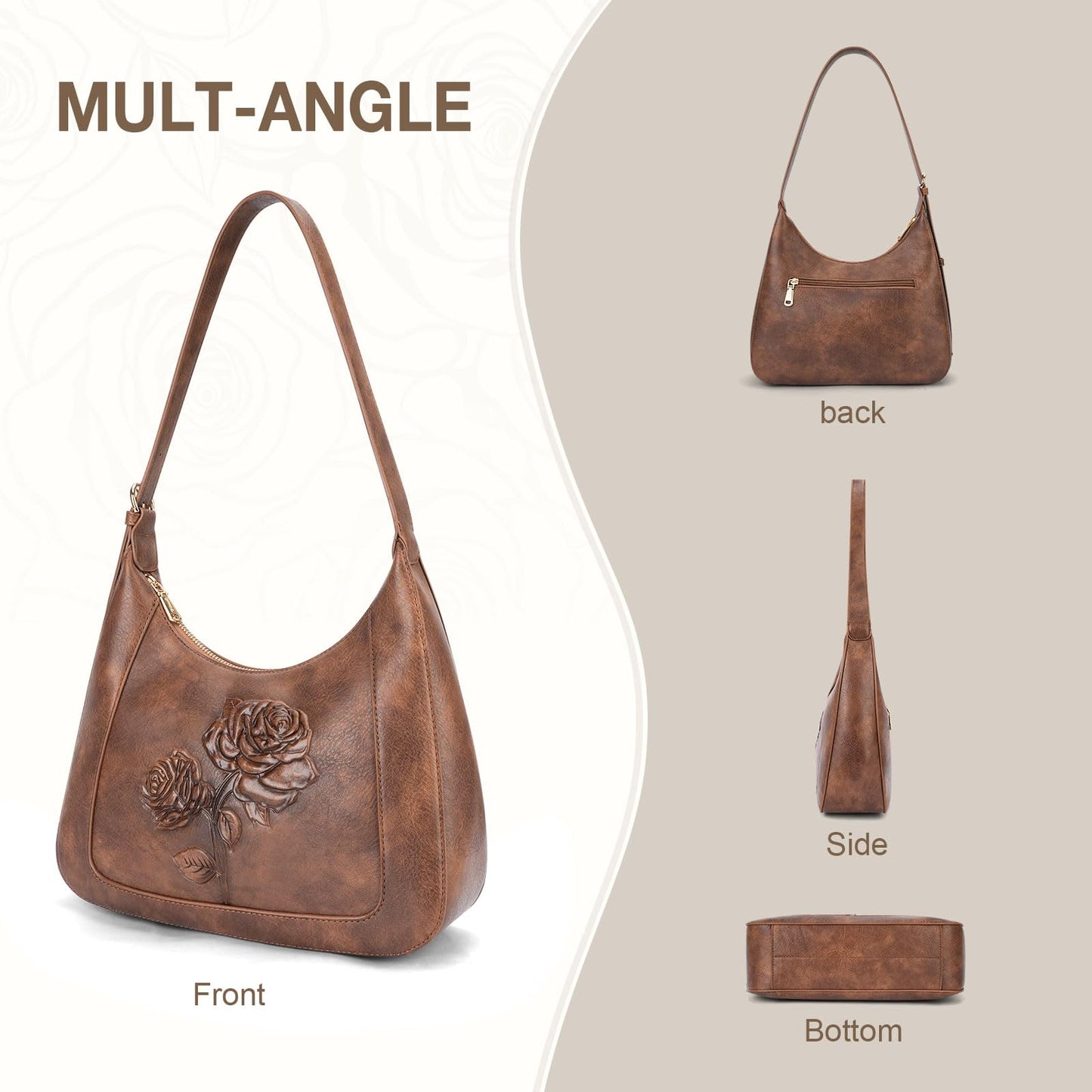 VIMUTI Small Shoulder Bag for Women, Vegan Leather Embossed Hobo Purse with Underarm Strap, Compact Daily Handbag (Brown)