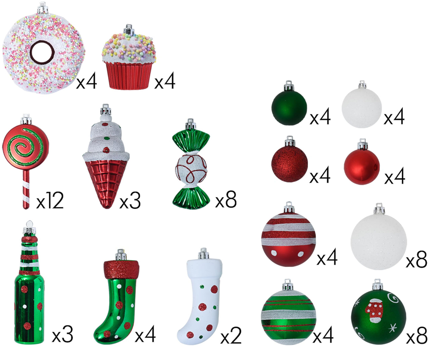 R N' D Toys Candycane Ornament Set – Christmas Candy Cane Shatterproof Balls and Hanging Ornaments for Indoor & Outdoor Christmas Xmas Tree, Holiday Party, Home Décor -82 Piece Set (Red Green & White)