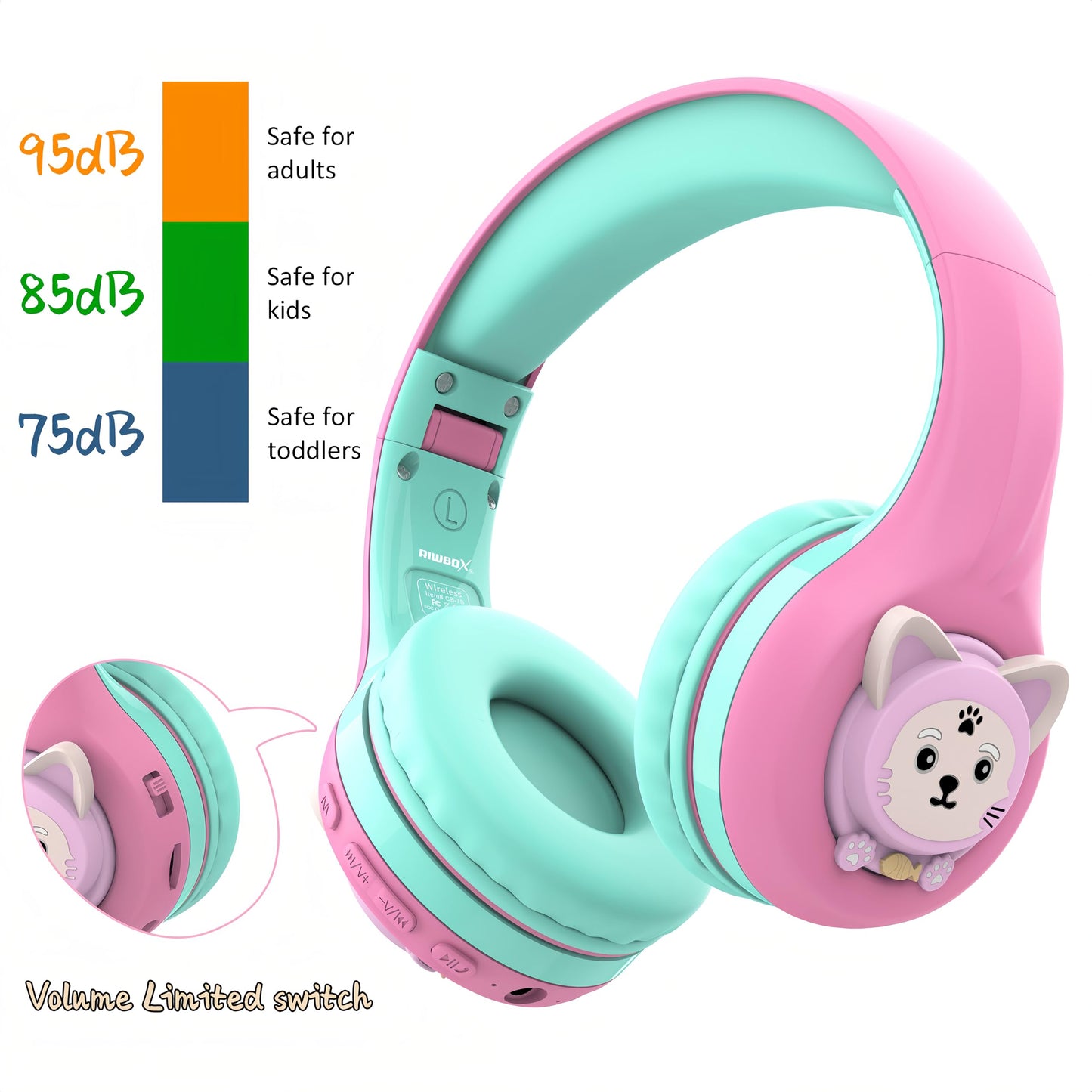 Riwbox CB-7S Kids Wireless Headphones,with Safe Volume Control 74/85/95dB,LED Glow Lights,50H Playtime,Bluetooth V5.3,Built-in Mic, TF Card Slot,for Travel/School/Phone/Laptop (Pink&Green)