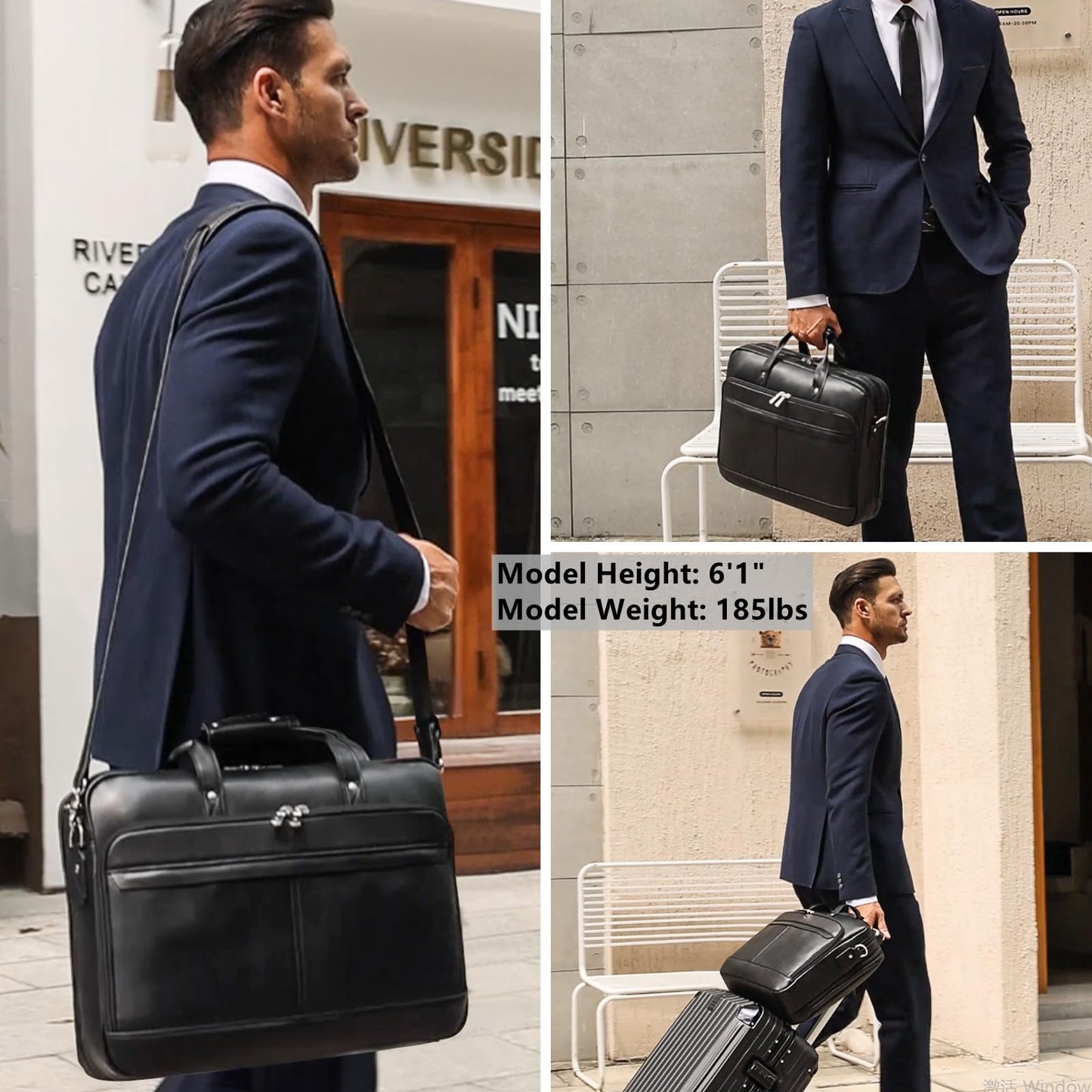 Masa Kawa Black Leather Briefcase for Men 15.6 Inch Laptop Crossbody Shoulder Messenger Professional Office Bag Attache Brief Case Handbag Gifts for Business Travel Work Lawyer, Medium