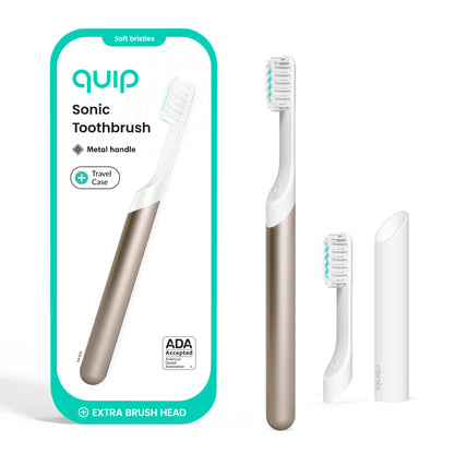 Quip Metal Sonic Electric Toothbrush for Adults - Time Travel & Soft Bristles with Travel Case & Replacement Brush Head - 3 Month Battery Life - Indigo