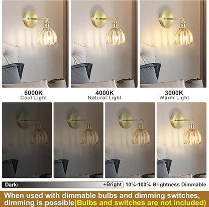 Vintage Wall Sconces Set of Two,Hardwired Wall Lights with Amber Tulip Glass Lampshade,Gold Wall Lamps for Bedroom Bedside Stairway Bathroom Living Room(Bulbs Not Included)