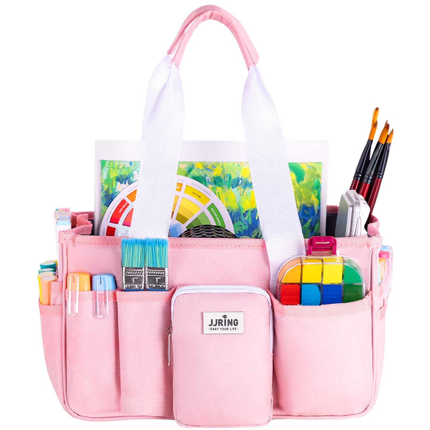 Jjring Craft Organizer Tote Bag, Portable Art Caddy with Adjustable Divider&Secure Zipper Pocket, Foldable Storage Tote for Scrapbooking, Sewing, Artist and Home(Pink)