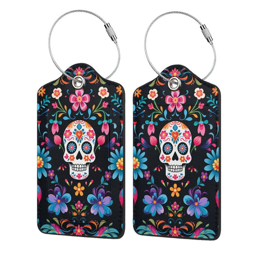 keluki 2 Pcs PU Leather Luggage Tags, Privacy Cover Name ID Label with Metal Loop and Address Card for Travel Bag Suitcase,Mexican Sugar Skulls Flowers Design