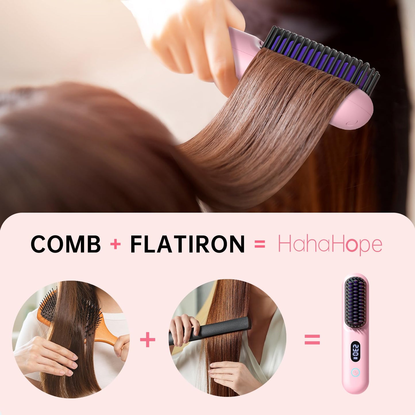 Cordless Hair Straightener Brush-Portable Straightening Comb, 9600mAh Batt, Plasma Tech, 9 Temp-Settings & LED Display, for Travel & Home(Pink)