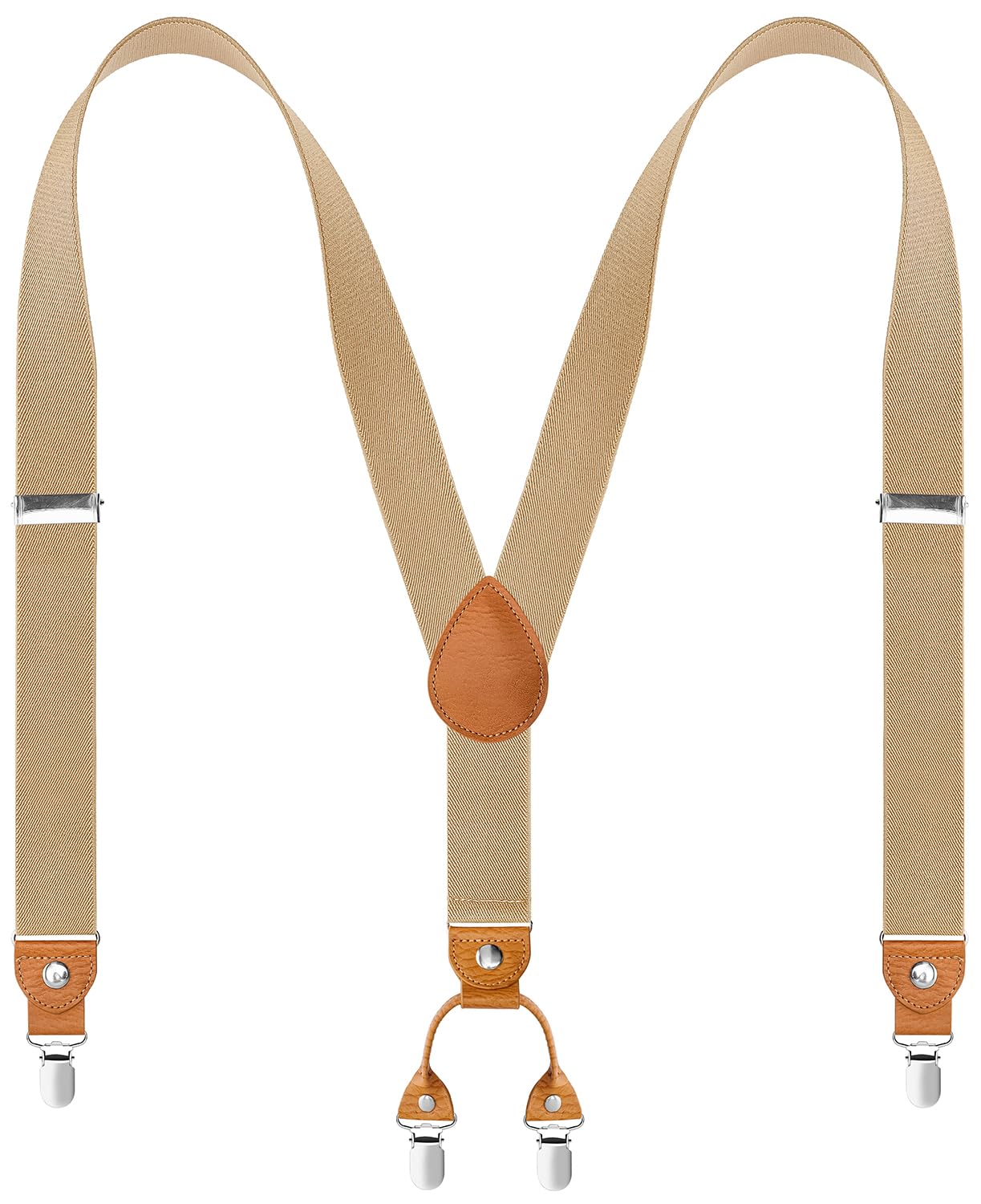 WAQXTV Men's Suspenders 4 Metal Clips Y-Back Adjustable 1.4" Wide Elastic 43" Khaki