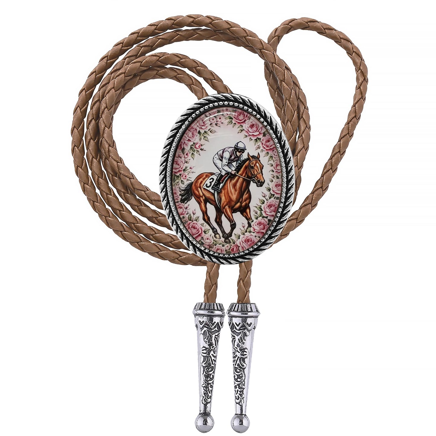 Jeilwiy Bolo Tie for Men Silver Equestrian Horse Racing Western Necktie Brown Leather Cowboy Bolero Tie for Jockeys and Horse Lovers