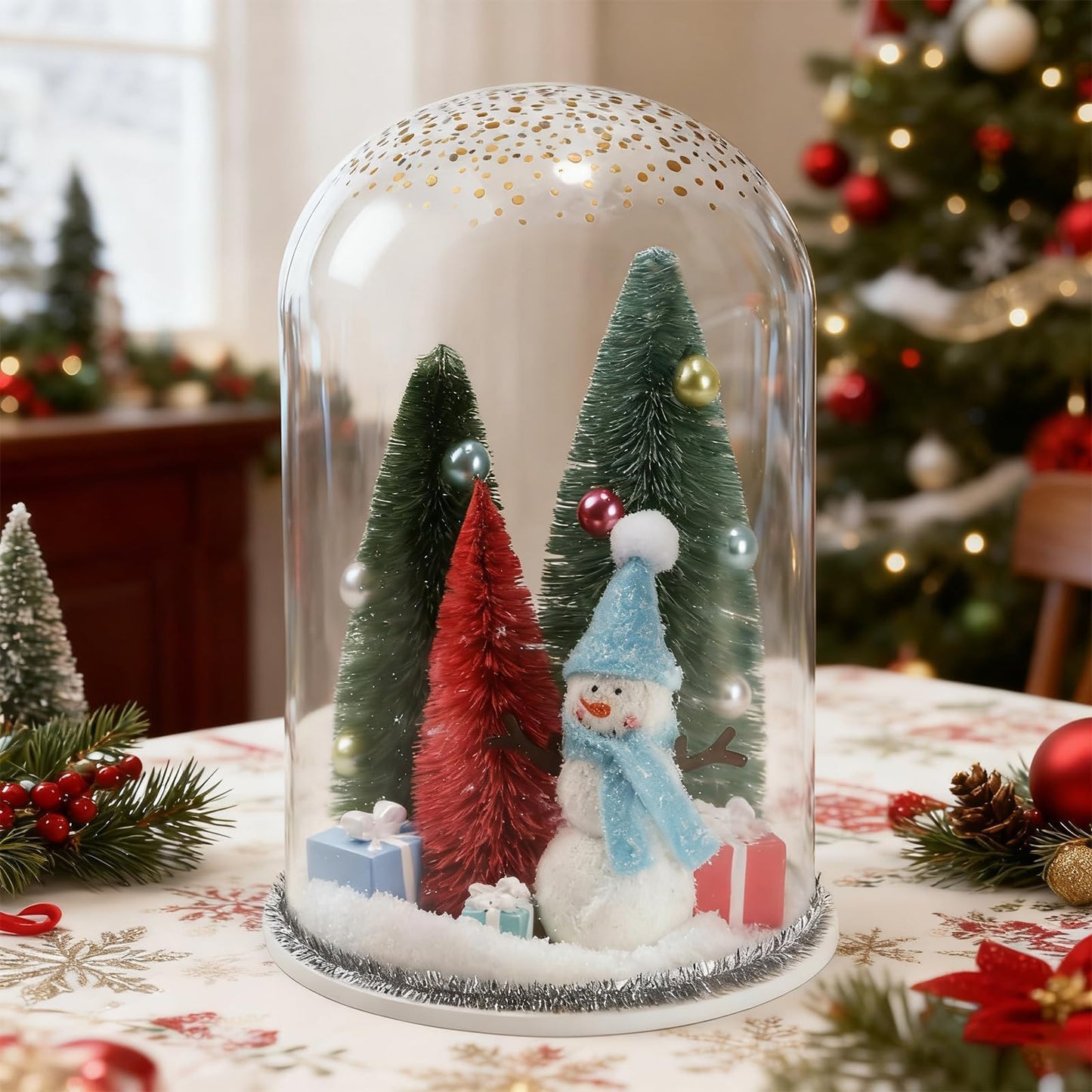 Christmas Decorations Table Centerpieces, Winter Decor Snowman with Ornaments in Dome Cloche Christmas Winter Tabletop Decor for Table Tiered Tray Shelf Mantel Fireplace Office Desk Holiday Decoration