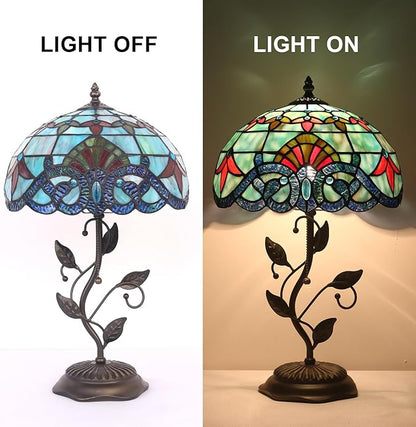 Tiffany Style Table Lamp Handmade Stained Glass Bedside Lamp 12x12x20 inch Metal Leaf Base,Art Glass Lamp for Living Room, Bedroom, Office Decor(Baroque)