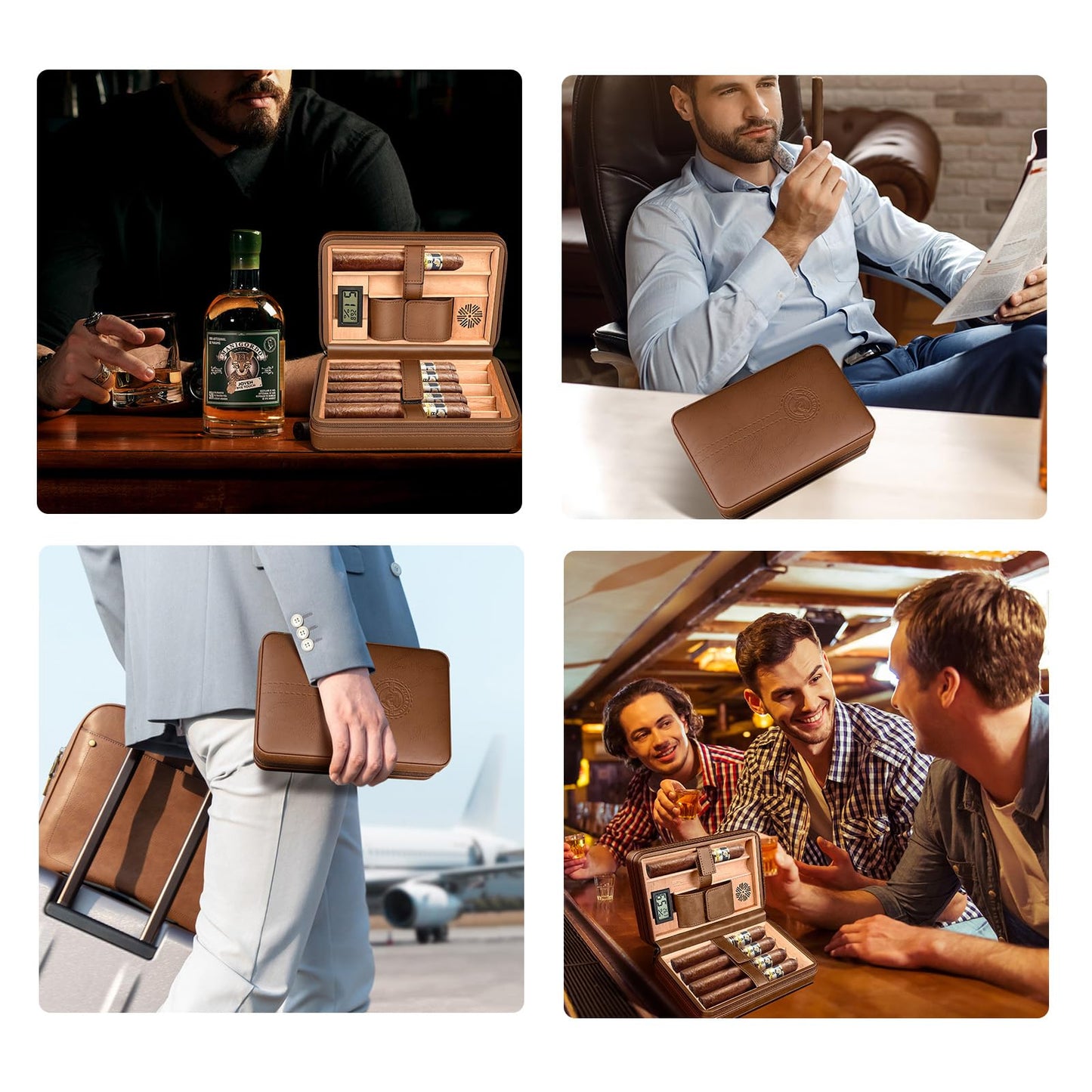Cigarol Cigar Humidor Case, Leather Travel Humidor Case, Portable Cedar Wood Lined Cigar Box with Digital Hygrometer & Humidifier Accessories, Holds 6 Cigars, Gifts for Men (Brown)