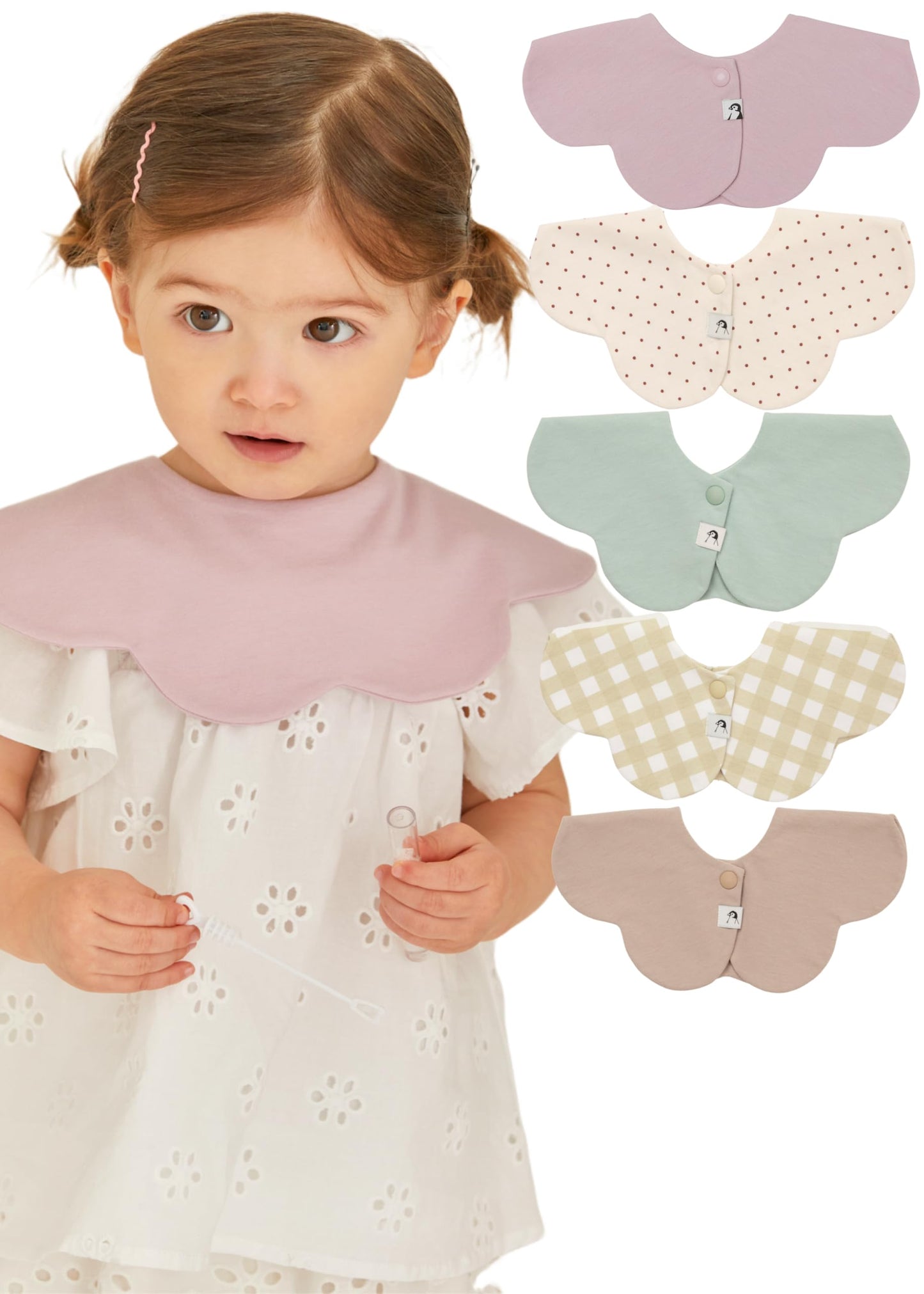 Konny Baby Bibs 5-Pack, 360 ° Rotate, Soft and Absorbent Bandana for Drooling and Teething Newborn Boys Girls Baby Essentials (Set 4 - Mint, Pink, Beige, Wine Dot, Creamy Gingham)
