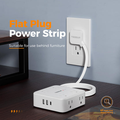 TESSAN Surge Protector Power Strip, 5 Ft Flat Plug Extension Cord with 3 USB (1 USB C) 8 Outlets, 900J Surge Protection, 3 Sided Outlet Extender with Power Switch for Office, Dorm Room Essentials